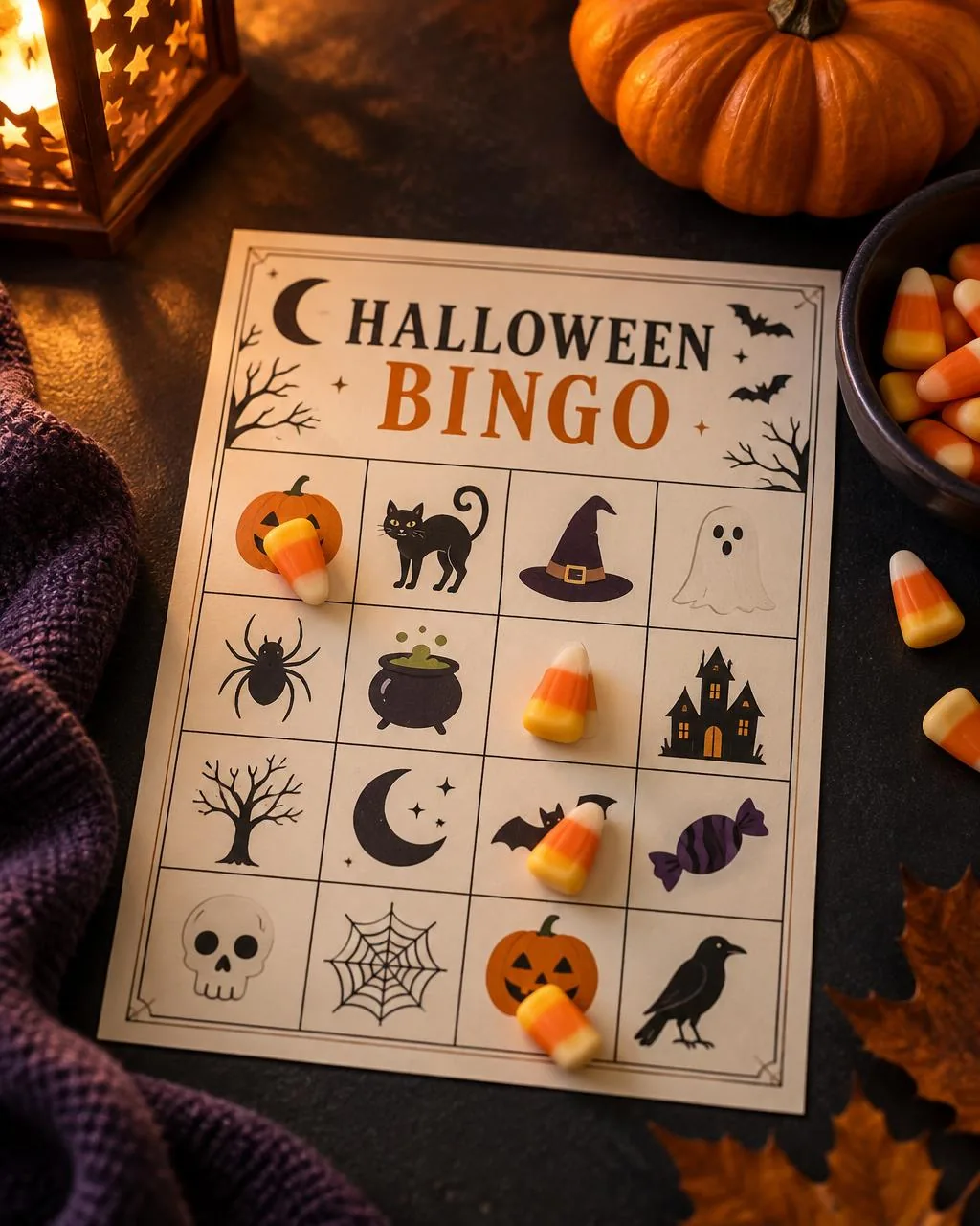Halloween bingo card with candy markers